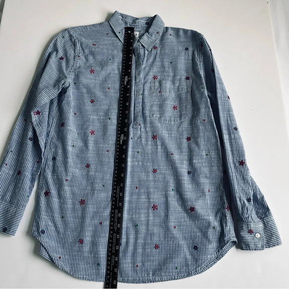 GAP Women’s Shirt Small Blue Red Floral  Embroidered Striped Boyfriend Popover - Picture 7 of 10